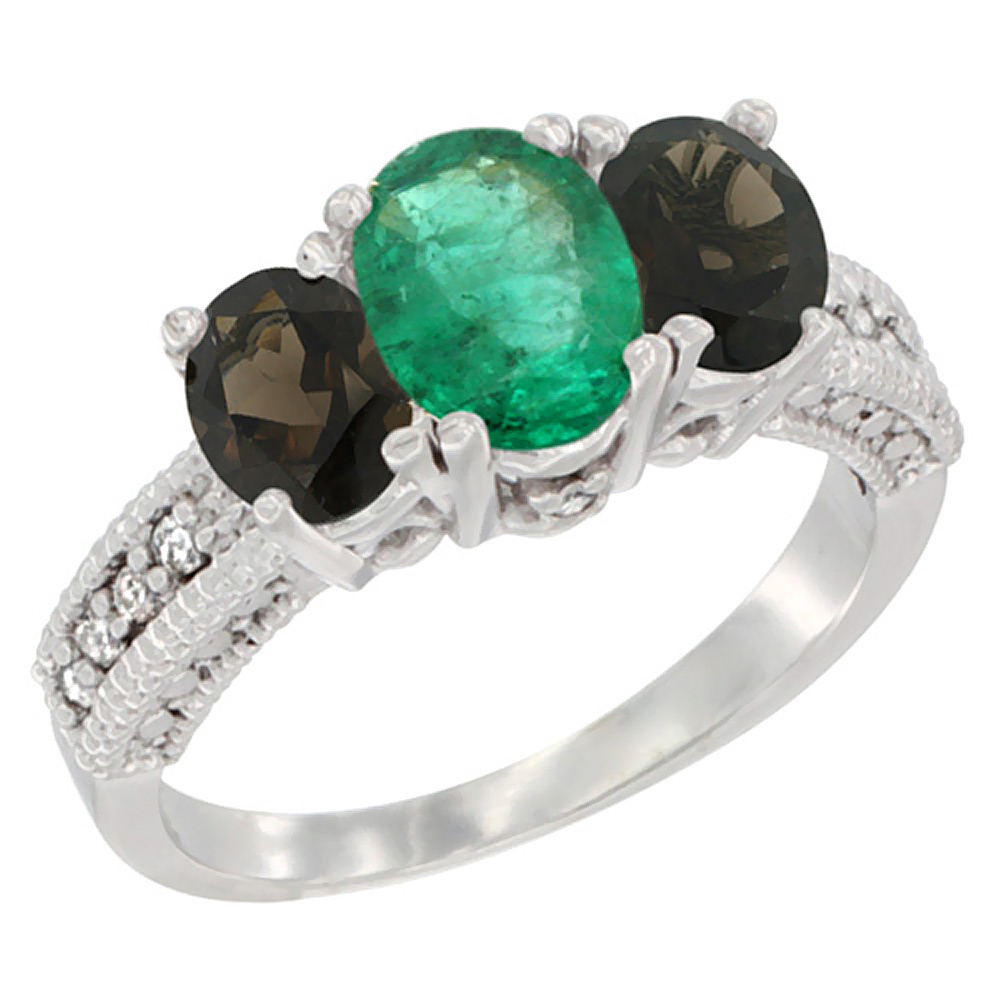 14K White Gold Diamond Natural Quality Emerald 7x5mm &amp; 6x4mm Smoky Topaz Oval 3-stone Mothers Ring,sz5-10