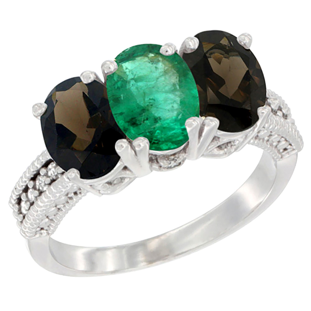 10K White Gold Natural Emerald & Smoky Topaz Sides Ring 3-Stone Oval 7x5 mm Diamond Accent, sizes 5 - 10