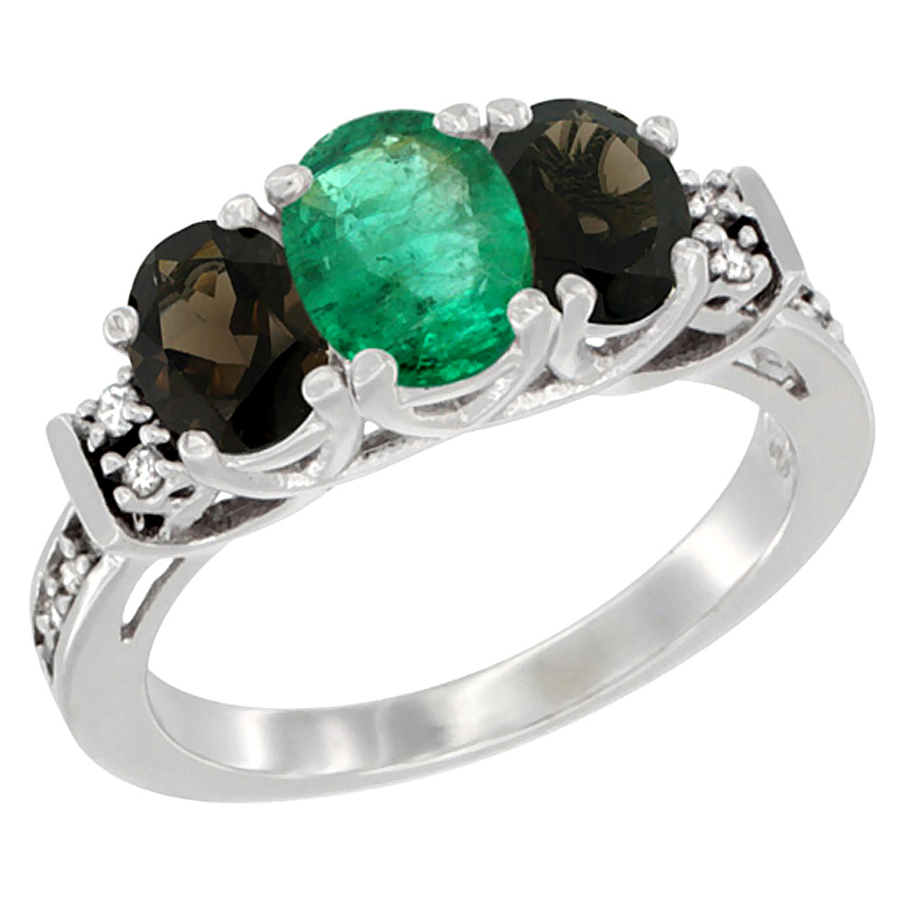 14K White Gold Natural Emerald & Smoky Topaz Ring 3-Stone Oval Diamond Accent, sizes 5-10