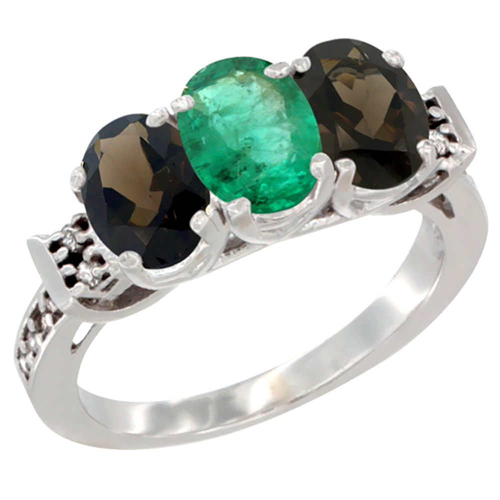 10K White Gold Natural Emerald &amp; Smoky Topaz Sides Ring 3-Stone Oval 7x5 mm Diamond Accent, sizes 5 - 10