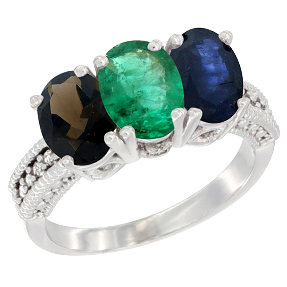 14K White Gold Natural Smoky Topaz, Emerald & Blue Sapphire Ring 3-Stone 7x5 mm Oval Diamond Accent, sizes 5 - 10