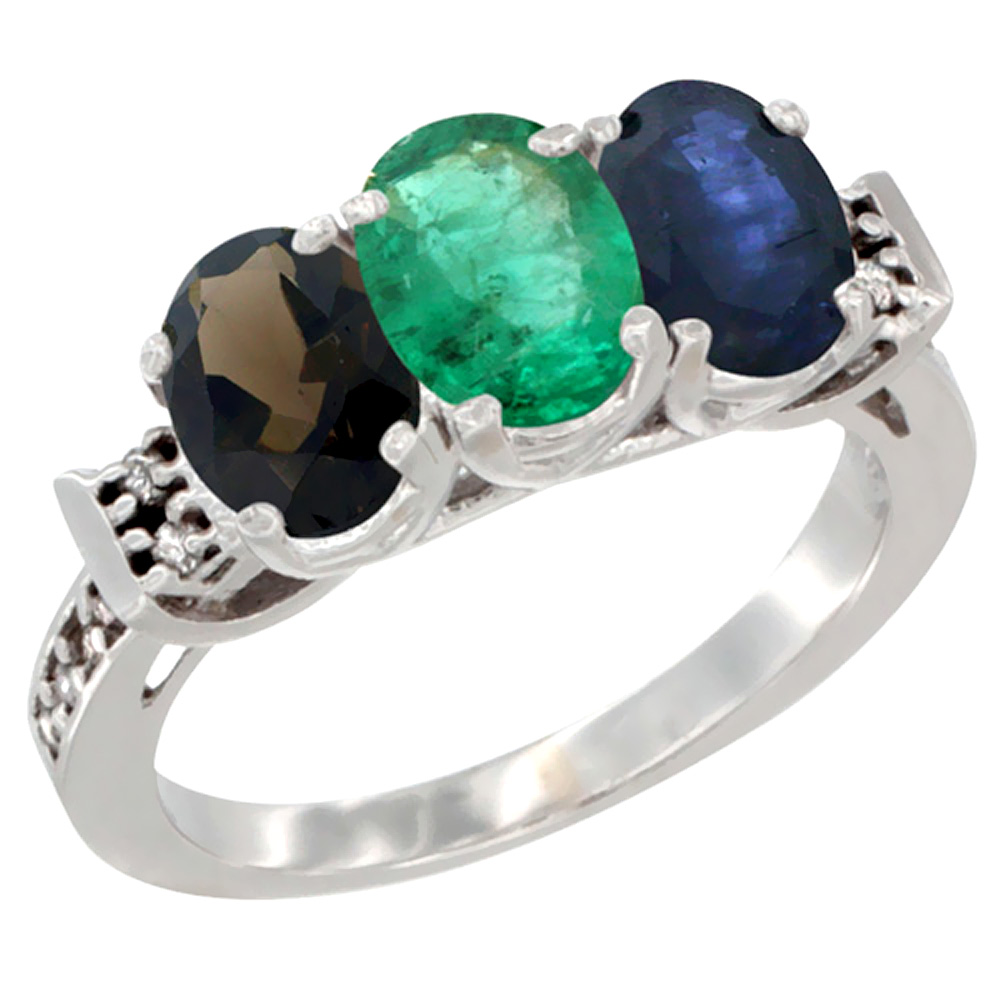 14K White Gold Natural Smoky Topaz, Emerald &amp; Blue Sapphire Ring 3-Stone Oval 7x5 mm Diamond Accent, sizes 5 - 10