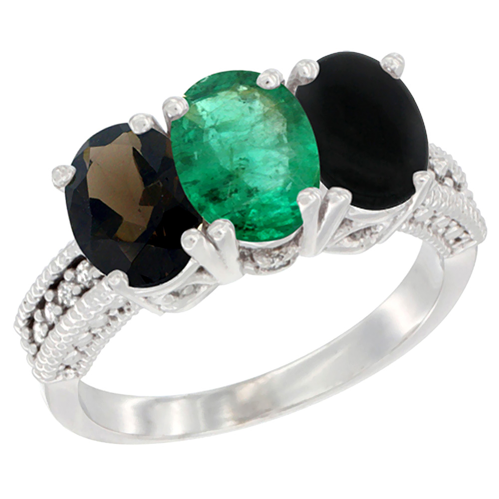 14K White Gold Natural Smoky Topaz, Emerald & Black Onyx Ring 3-Stone 7x5 mm Oval Diamond Accent, sizes 5 - 10