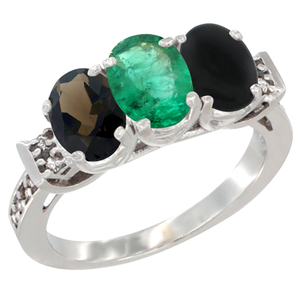 14K White Gold Natural Smoky Topaz, Emerald & Black Onyx Ring 3-Stone Oval 7x5 mm Diamond Accent, sizes 5 - 10