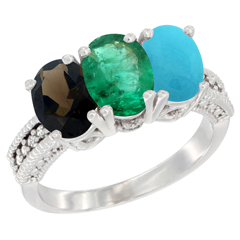 10K White Gold Natural Smoky Topaz, Emerald & Turquoise Ring 3-Stone Oval 7x5 mm Diamond Accent, sizes 5 - 10