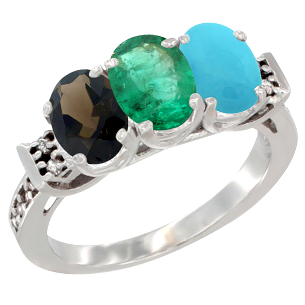 10K White Gold Natural Smoky Topaz, Emerald &amp; Turquoise Ring 3-Stone Oval 7x5 mm Diamond Accent, sizes 5 - 10