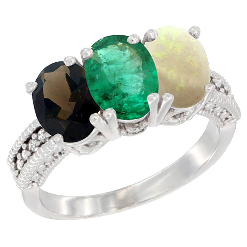 14K White Gold Natural Smoky Topaz, Emerald &amp; Opal Ring 3-Stone 7x5 mm Oval Diamond Accent, sizes 5 - 10