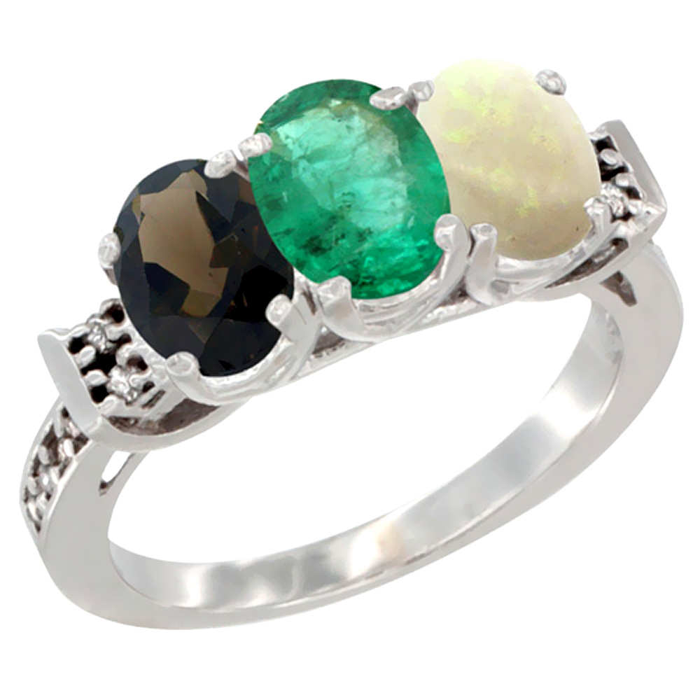 10K White Gold Natural Smoky Topaz, Emerald &amp; Opal Ring 3-Stone Oval 7x5 mm Diamond Accent, sizes 5 - 10