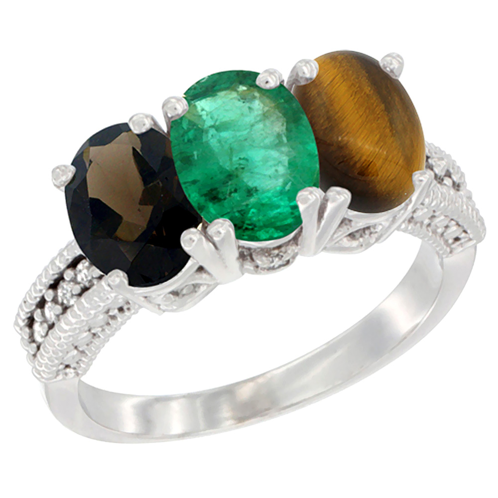 14K White Gold Natural Smoky Topaz, Emerald &amp; Tiger Eye Ring 3-Stone 7x5 mm Oval Diamond Accent, sizes 5 - 10