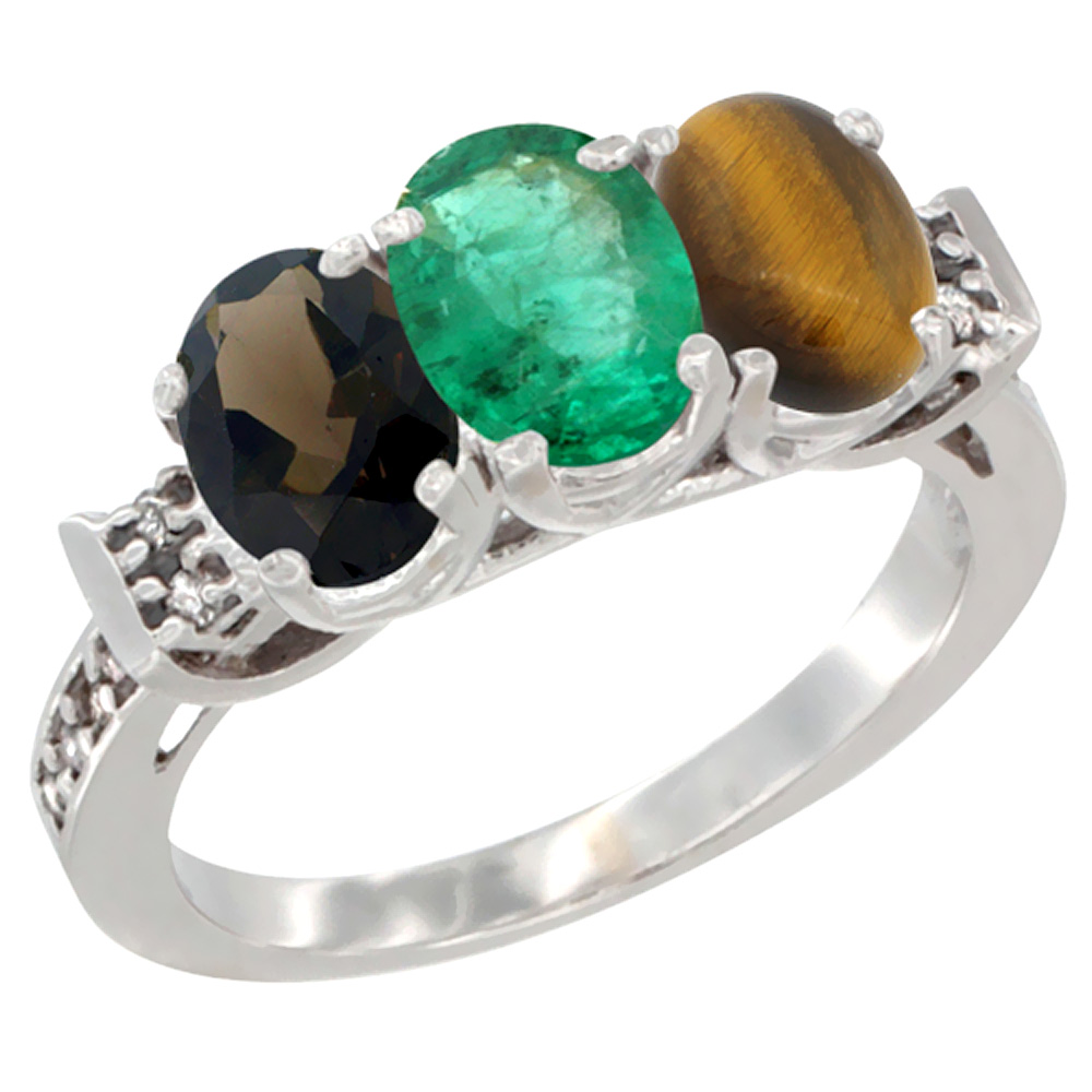 14K White Gold Natural Smoky Topaz, Emerald & Tiger Eye Ring 3-Stone Oval 7x5 mm Diamond Accent, sizes 5 - 10