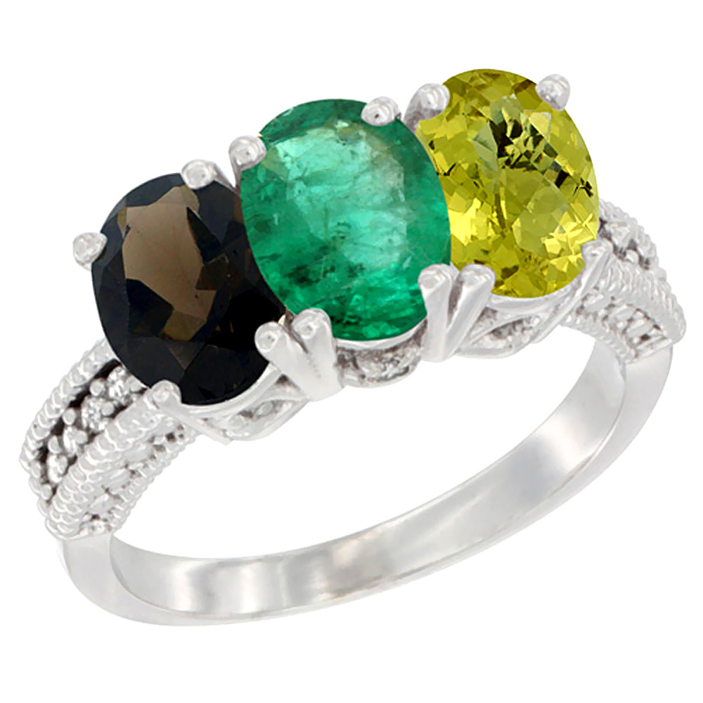 10K White Gold Natural Smoky Topaz, Emerald & Lemon Quartz Ring 3-Stone Oval 7x5 mm Diamond Accent, sizes 5 - 10