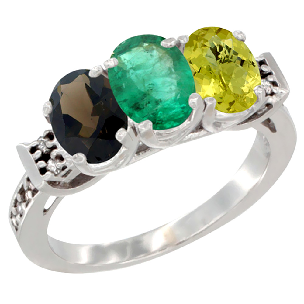 10K White Gold Natural Smoky Topaz, Emerald & Lemon Quartz Ring 3-Stone Oval 7x5 mm Diamond Accent, sizes 5 - 10
