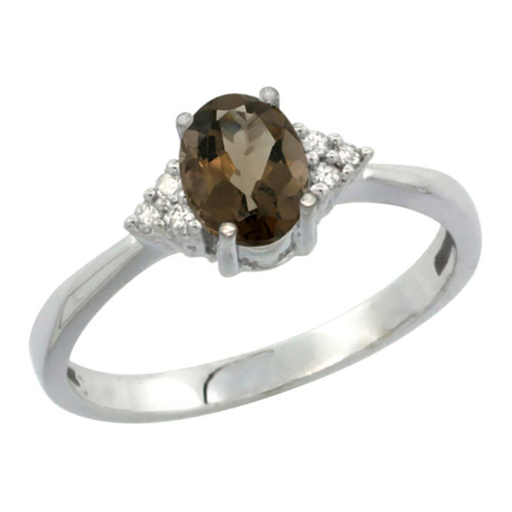 10K White Gold Diamond Natural Smoky Topaz Engagement Ring Oval 7x5mm, sizes 5-10
