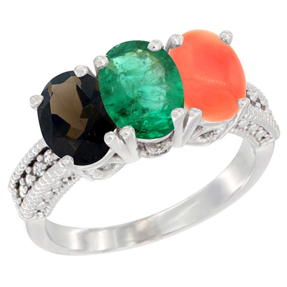 10K White Gold Natural Smoky Topaz, Emerald & Coral Ring 3-Stone Oval 7x5 mm Diamond Accent, sizes 5 - 10