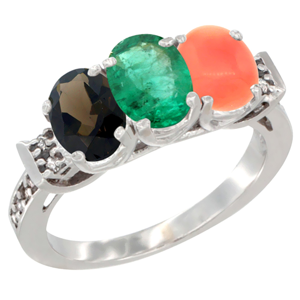 14K White Gold Natural Smoky Topaz, Emerald & Coral Ring 3-Stone Oval 7x5 mm Diamond Accent, sizes 5 - 10