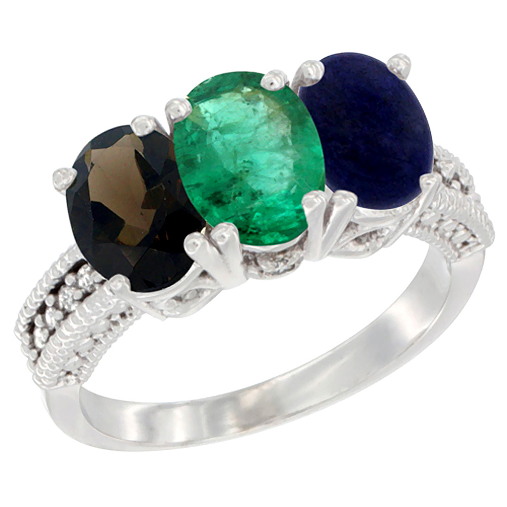 10K White Gold Natural Smoky Topaz, Emerald & Lapis Ring 3-Stone Oval 7x5 mm Diamond Accent, sizes 5 - 10