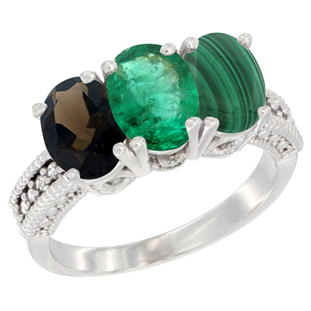 14K White Gold Natural Smoky Topaz, Emerald &amp; Malachite Ring 3-Stone 7x5 mm Oval Diamond Accent, sizes 5 - 10