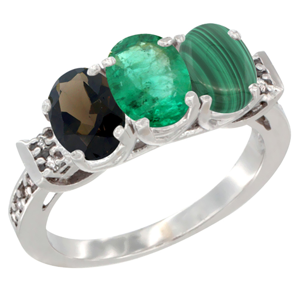 14K White Gold Natural Smoky Topaz, Emerald &amp; Malachite Ring 3-Stone Oval 7x5 mm Diamond Accent, sizes 5 - 10