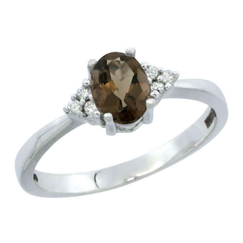14K White Gold Natural Smoky Topaz Ring Oval 6x4mm Diamond Accent, sizes 5-10