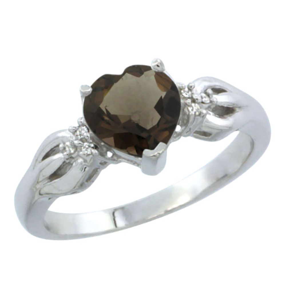 10K White Gold Natural Smoky Topaz Ring Heart-shape 7x7mm Diamond Accent, sizes 5-10