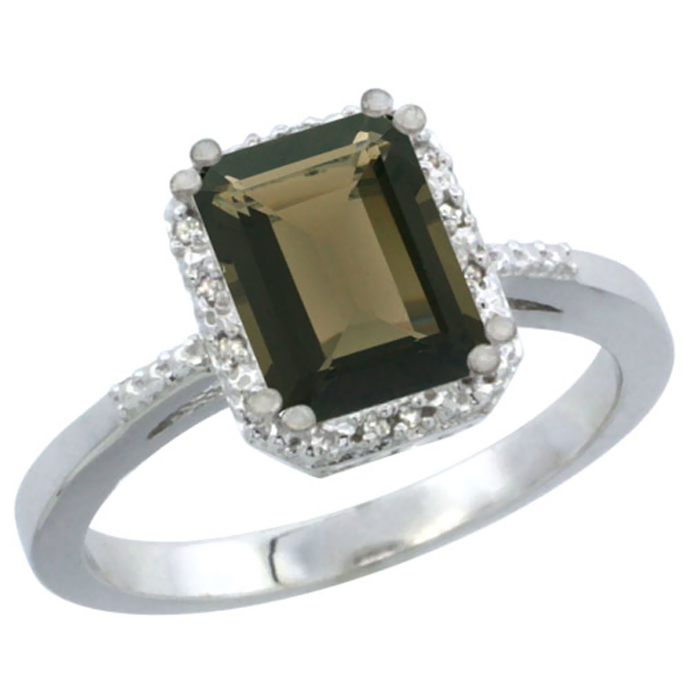 14K White Gold Natural Smoky Topaz Ring Emerald-shape 8x6mm Diamond Accent, sizes 5-10