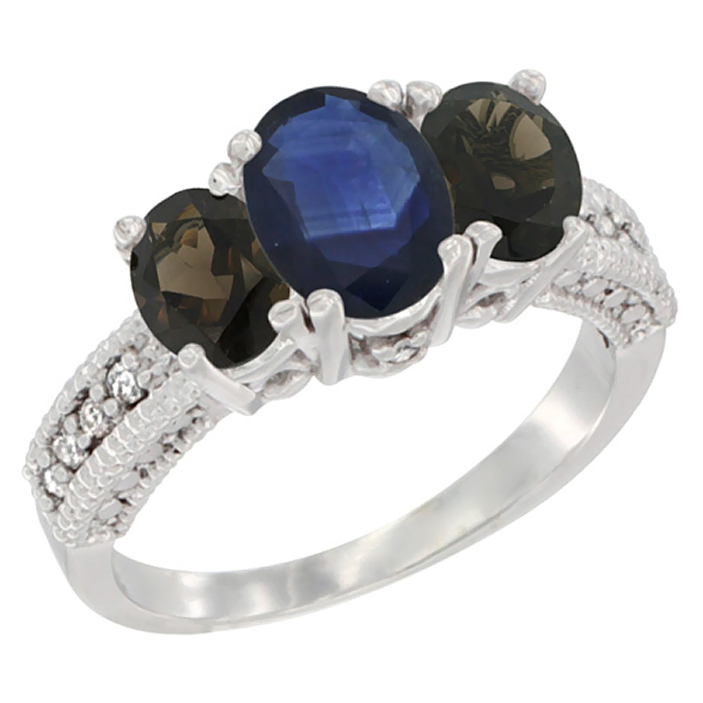 14K White Gold Diamond Natural Blue Sapphire Ring Oval 3-stone with Smoky Topaz, sizes 5 - 10