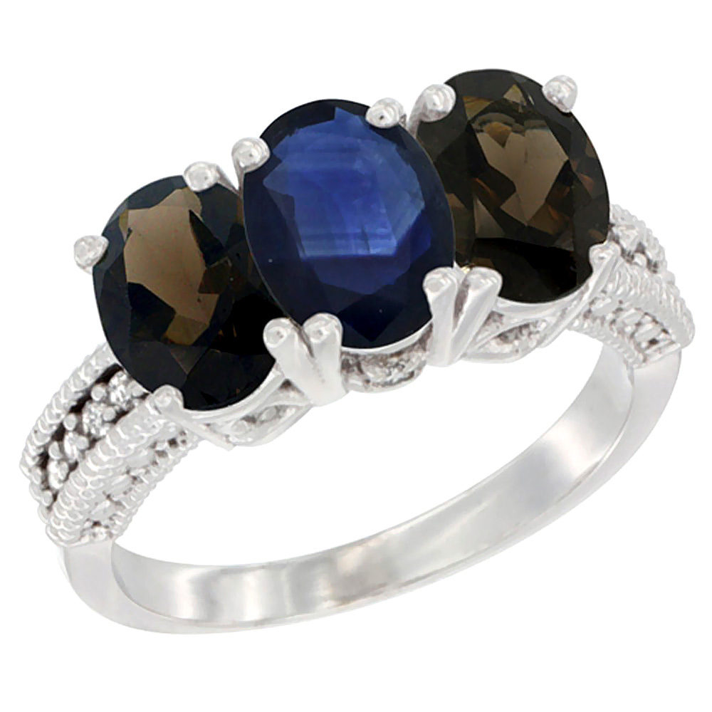 10K White Gold Natural Blue Sapphire & Smoky Topaz Sides Ring 3-Stone Oval 7x5 mm Diamond Accent, sizes 5 - 10