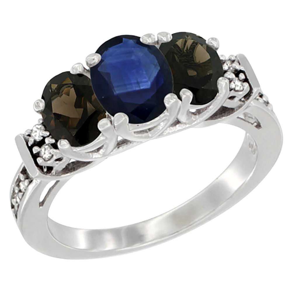 14K White Gold Natural Blue Sapphire & Smoky Topaz Ring 3-Stone Oval Diamond Accent, sizes 5-10