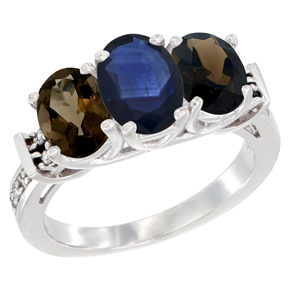 14K White Gold Natural Blue Sapphire & Smoky Topaz Sides Ring 3-Stone Oval Diamond Accent, sizes 5 - 10