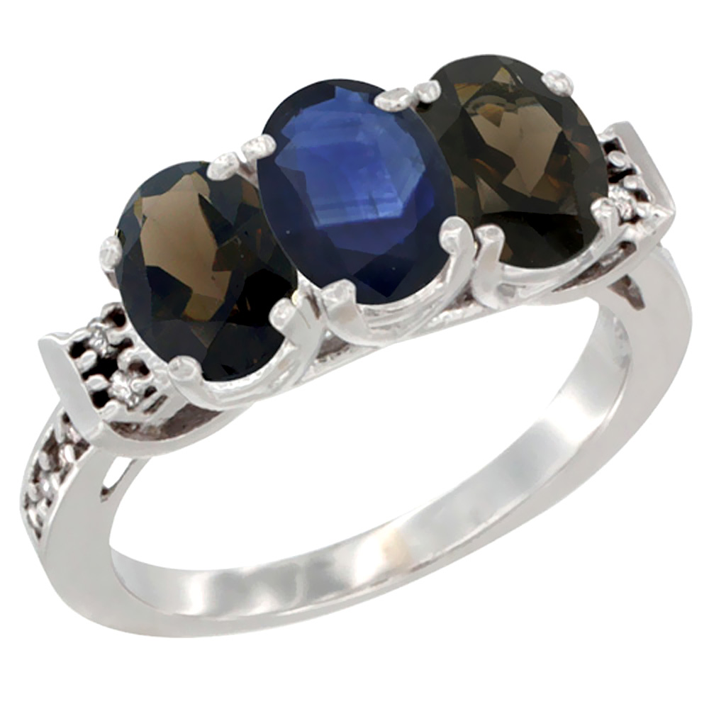 10K White Gold Natural Blue Sapphire & Smoky Topaz Sides Ring 3-Stone Oval 7x5 mm Diamond Accent, sizes 5 - 10