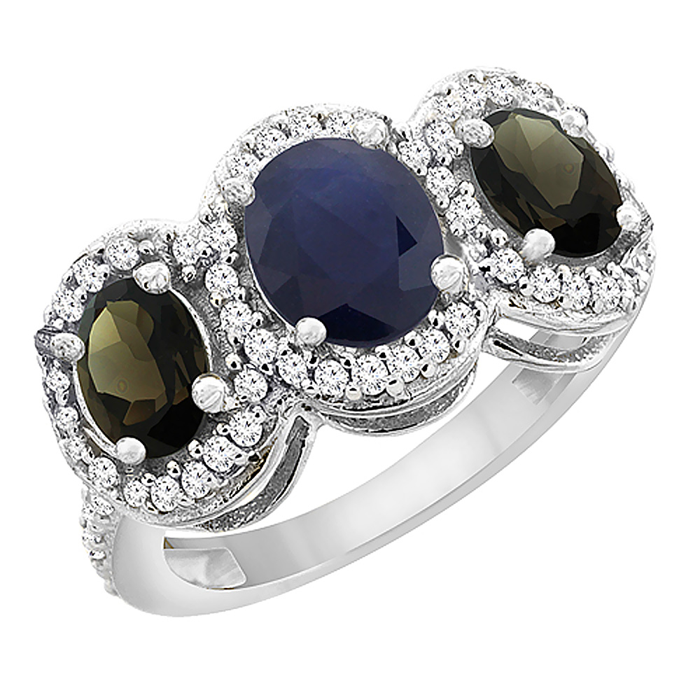 14K White Gold Natural Blue Sapphire & Smoky Topaz 3-Stone Ring Oval Diamond Accent, sizes 5 - 10