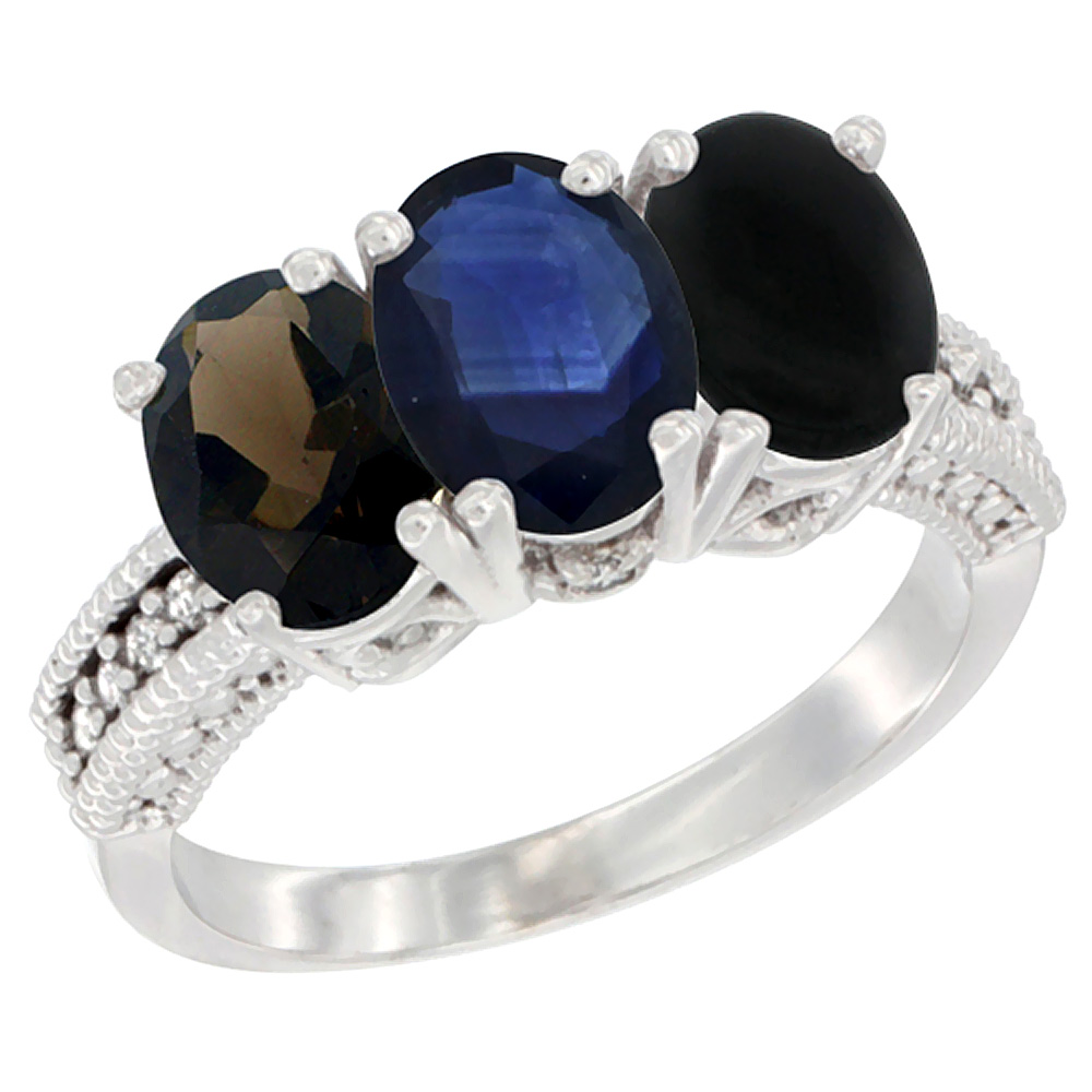 14K White Gold Natural Smoky Topaz, Blue Sapphire & Black Onyx Ring 3-Stone 7x5 mm Oval Diamond Accent, sizes 5 - 10