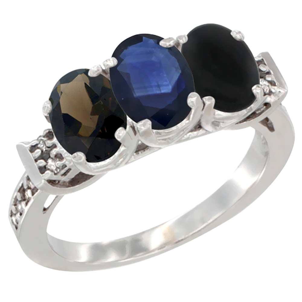 10K White Gold Natural Smoky Topaz, Blue Sapphire & Black Onyx Ring 3-Stone Oval 7x5 mm Diamond Accent, sizes 5 - 10