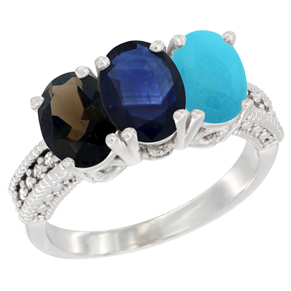 10K White Gold Natural Smoky Topaz, Blue Sapphire &amp; Turquoise Ring 3-Stone Oval 7x5 mm Diamond Accent, sizes 5 - 10