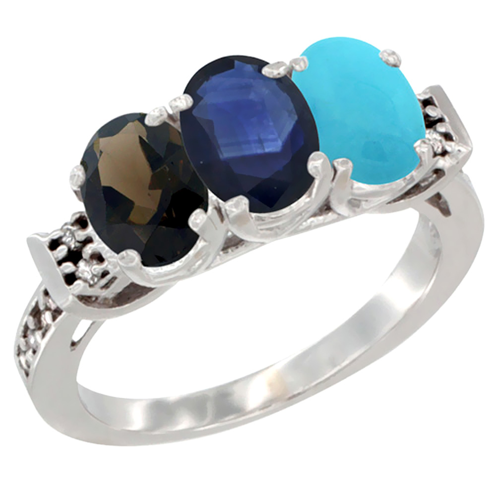 14K White Gold Natural Smoky Topaz, Blue Sapphire & Turquoise Ring 3-Stone Oval 7x5 mm Diamond Accent, sizes 5 - 10