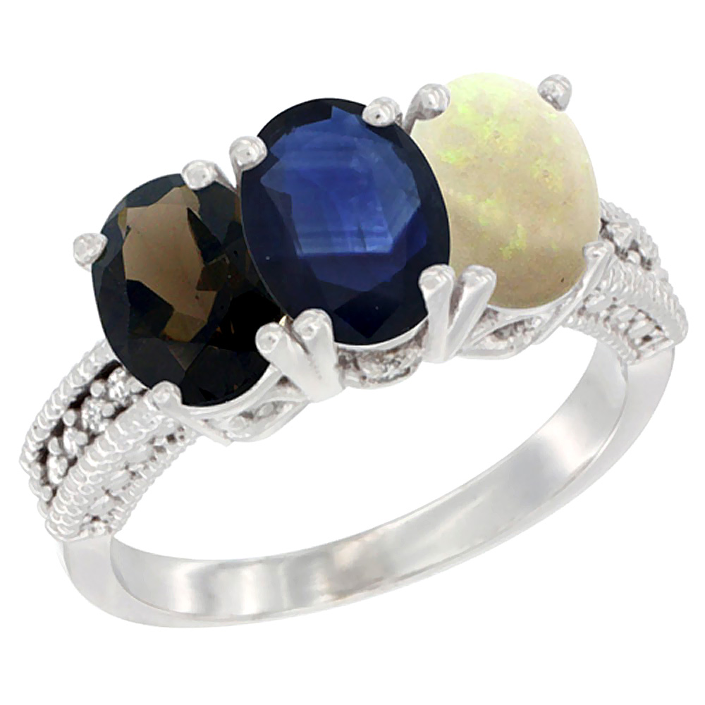 10K White Gold Natural Smoky Topaz, Blue Sapphire &amp; Opal Ring 3-Stone Oval 7x5 mm Diamond Accent, sizes 5 - 10
