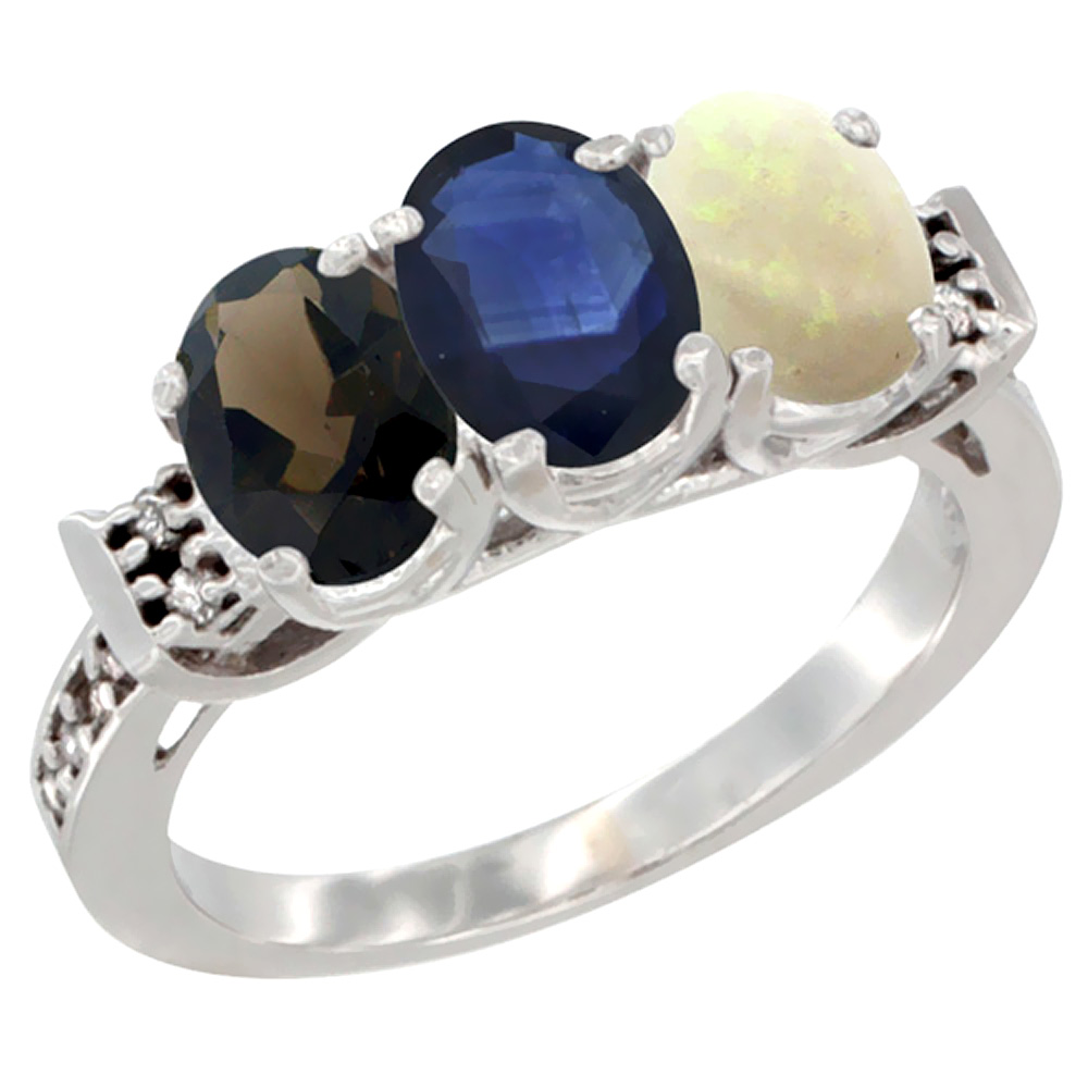 14K White Gold Natural Smoky Topaz, Blue Sapphire & Opal Ring 3-Stone Oval 7x5 mm Diamond Accent, sizes 5 - 10