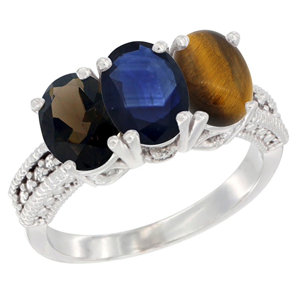 14K White Gold Natural Smoky Topaz, Blue Sapphire & Tiger Eye Ring 3-Stone 7x5 mm Oval Diamond Accent, sizes 5 - 10