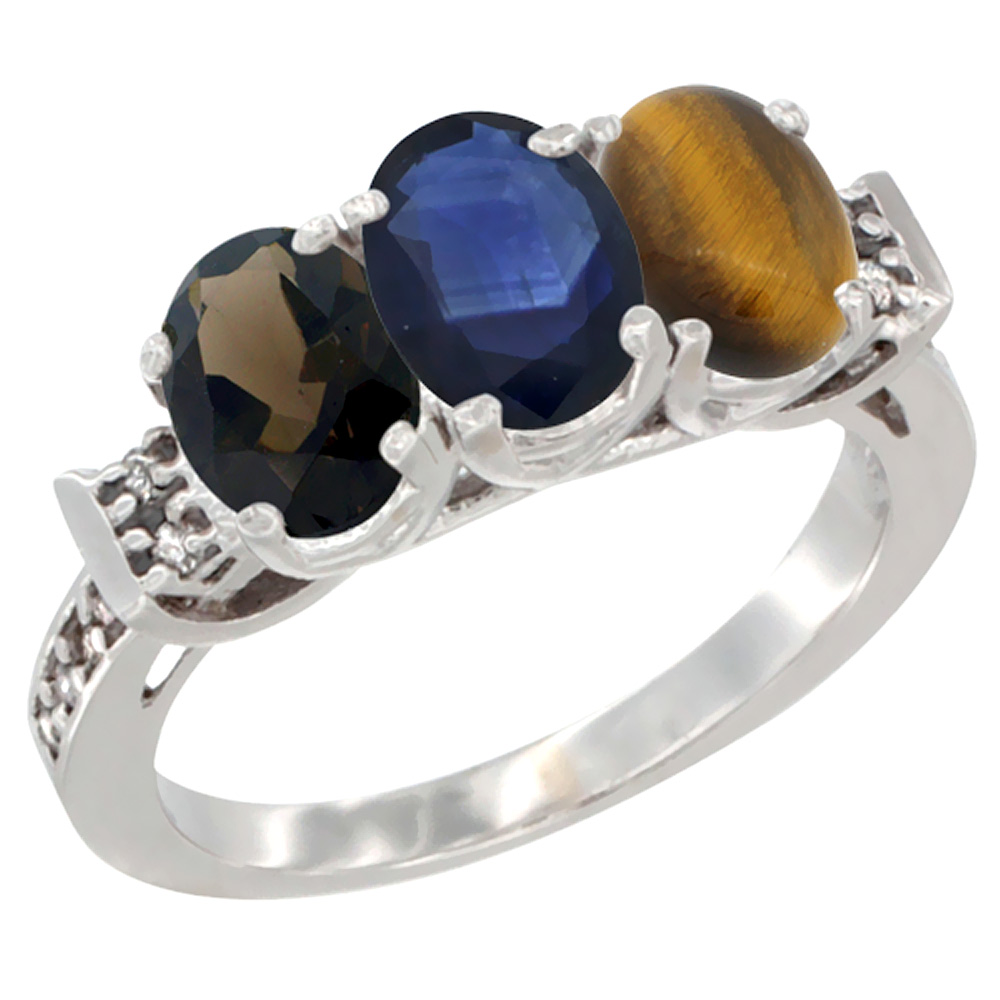 14K White Gold Natural Smoky Topaz, Blue Sapphire &amp; Tiger Eye Ring 3-Stone Oval 7x5 mm Diamond Accent, sizes 5 - 10
