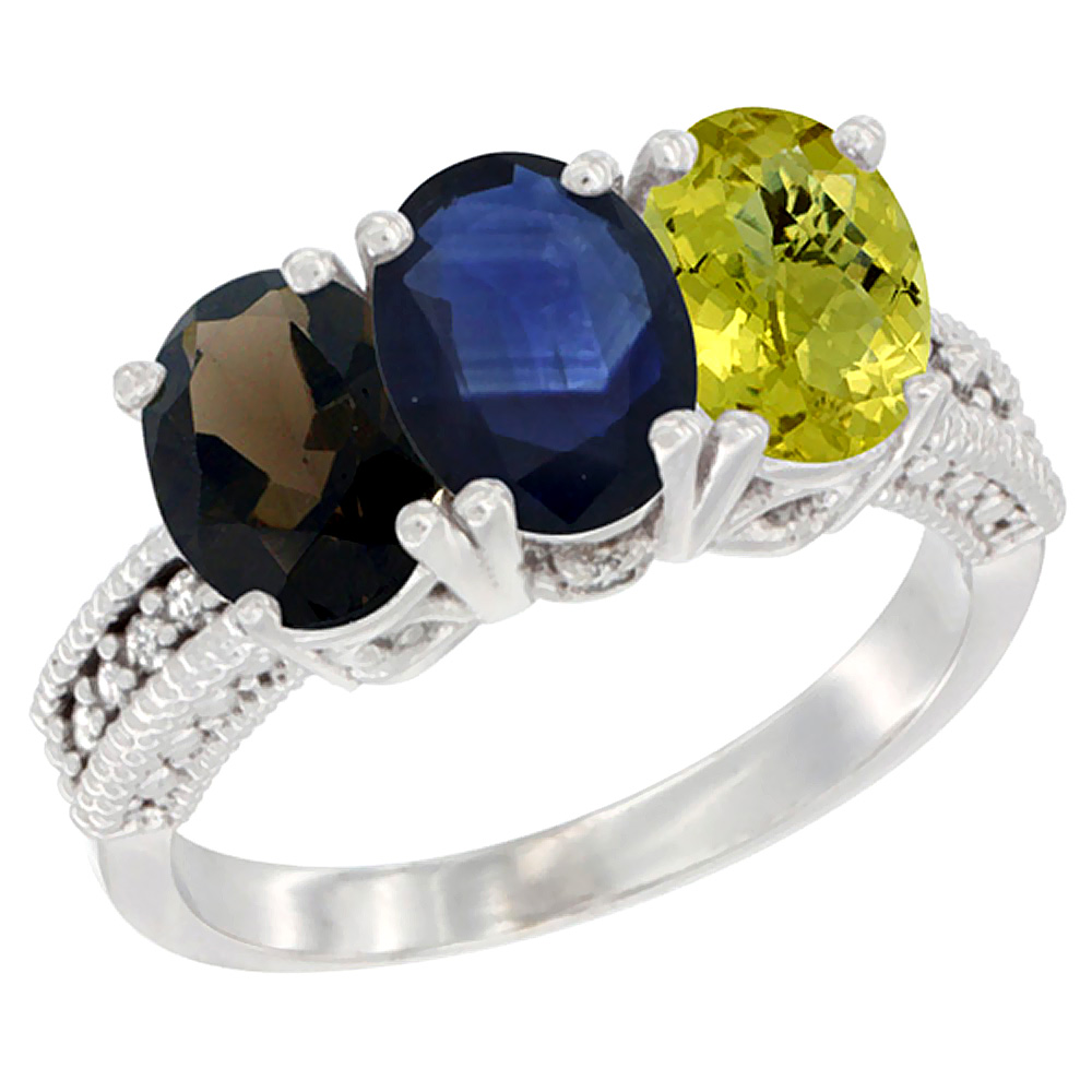 14K White Gold Natural Smoky Topaz, Blue Sapphire &amp; Lemon Quartz Ring 3-Stone 7x5 mm Oval Diamond Accent, sizes 5 - 10