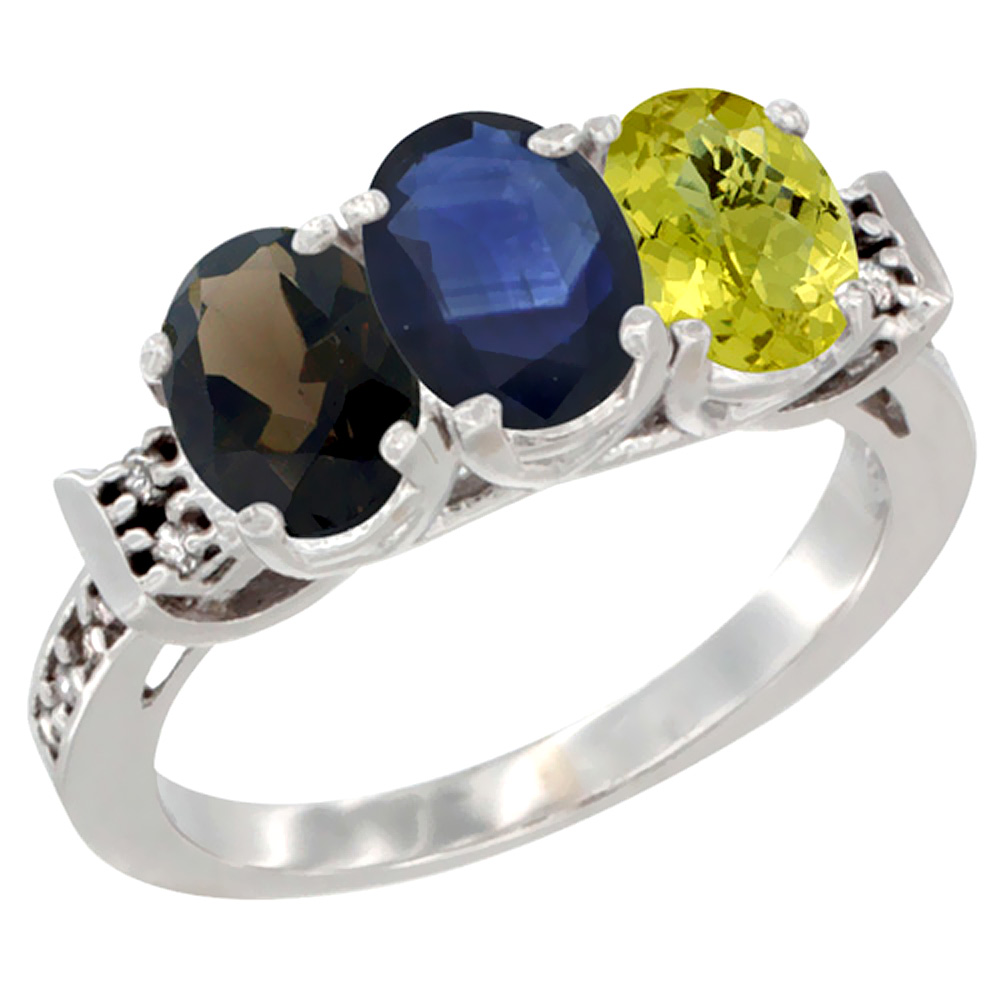 14K White Gold Natural Smoky Topaz, Blue Sapphire & Lemon Quartz Ring 3-Stone Oval 7x5 mm Diamond Accent, sizes 5 - 10