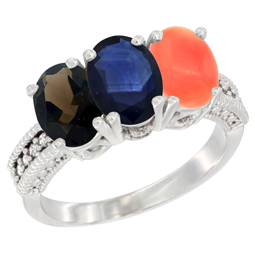 14K White Gold Natural Smoky Topaz, Blue Sapphire & Coral Ring 3-Stone 7x5 mm Oval Diamond Accent, sizes 5 - 10