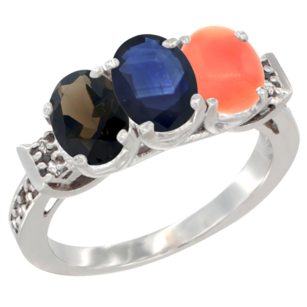 14K White Gold Natural Smoky Topaz, Blue Sapphire & Coral Ring 3-Stone Oval 7x5 mm Diamond Accent, sizes 5 - 10