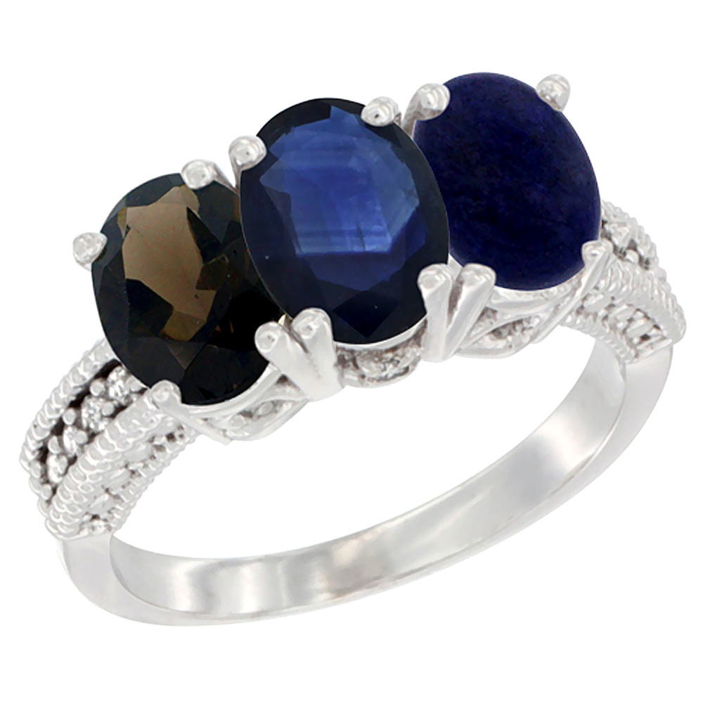 14K White Gold Natural Smoky Topaz, Blue Sapphire &amp; Lapis Ring 3-Stone 7x5 mm Oval Diamond Accent, sizes 5 - 10