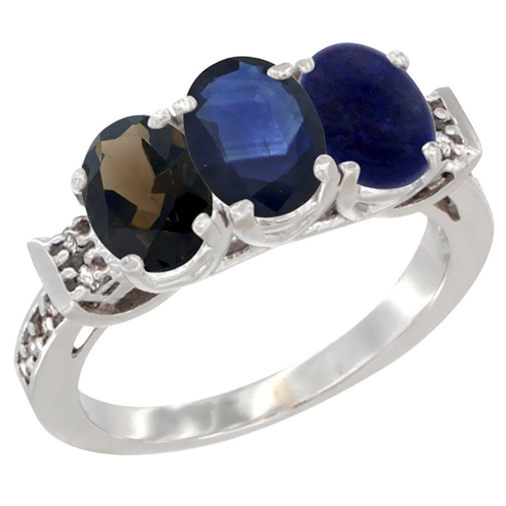 14K White Gold Natural Smoky Topaz, Blue Sapphire &amp; Lapis Ring 3-Stone Oval 7x5 mm Diamond Accent, sizes 5 - 10