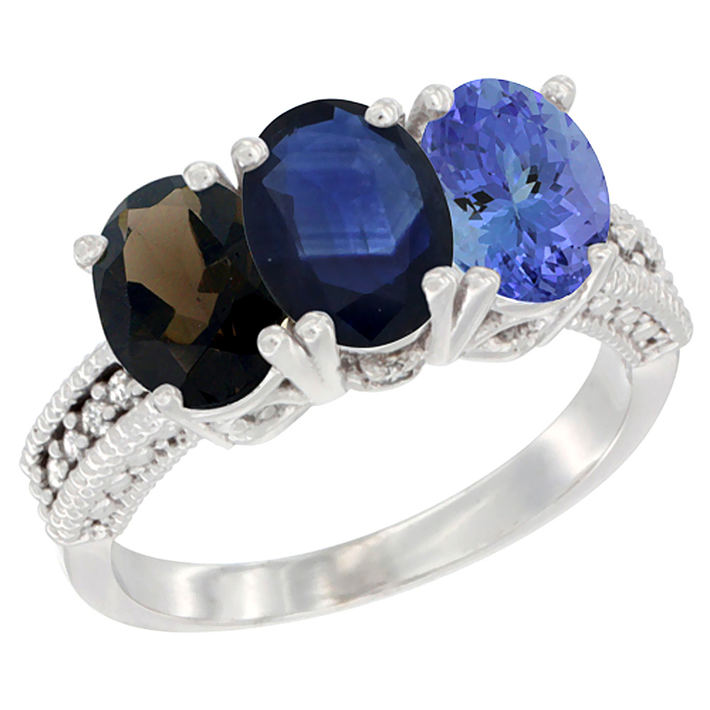 14K White Gold Natural Smoky Topaz, Blue Sapphire & Tanzanite Ring 3-Stone 7x5 mm Oval Diamond Accent, sizes 5 - 10