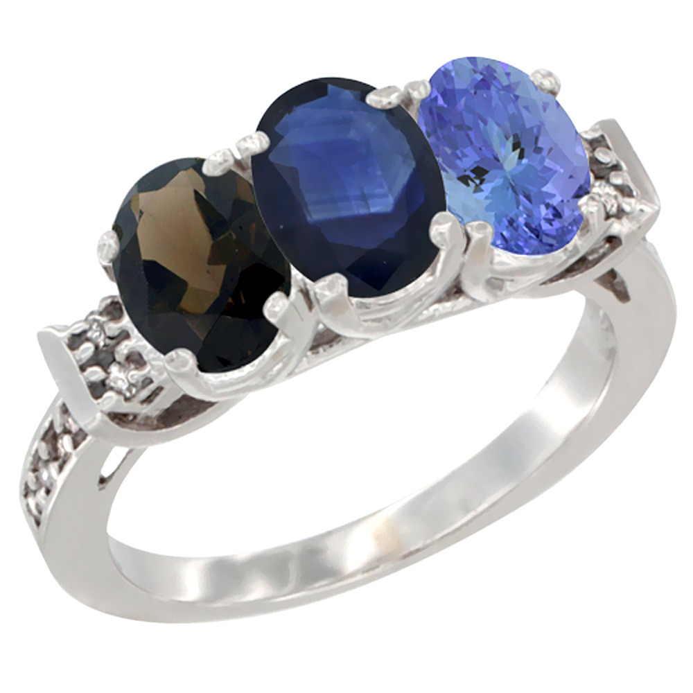10K White Gold Natural Smoky Topaz, Blue Sapphire & Tanzanite Ring 3-Stone Oval 7x5 mm Diamond Accent, sizes 5 - 10