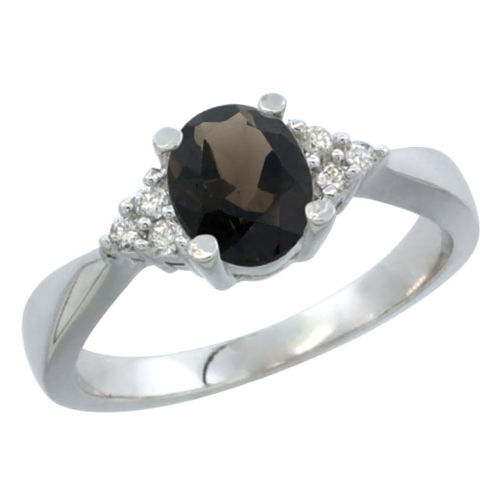 14K White Gold Diamond Natural Smoky Topaz Engagement Ring Oval 7x5mm, sizes 5-10