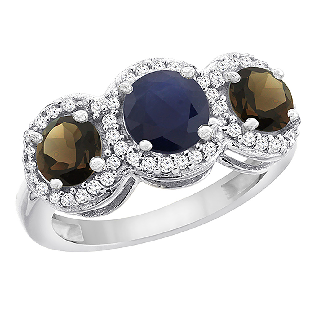 10K White Gold Natural High Quality Blue Sapphire &amp; Smoky Topaz Sides Round 3-stone Ring Diamond Accents, sizes 5 - 10