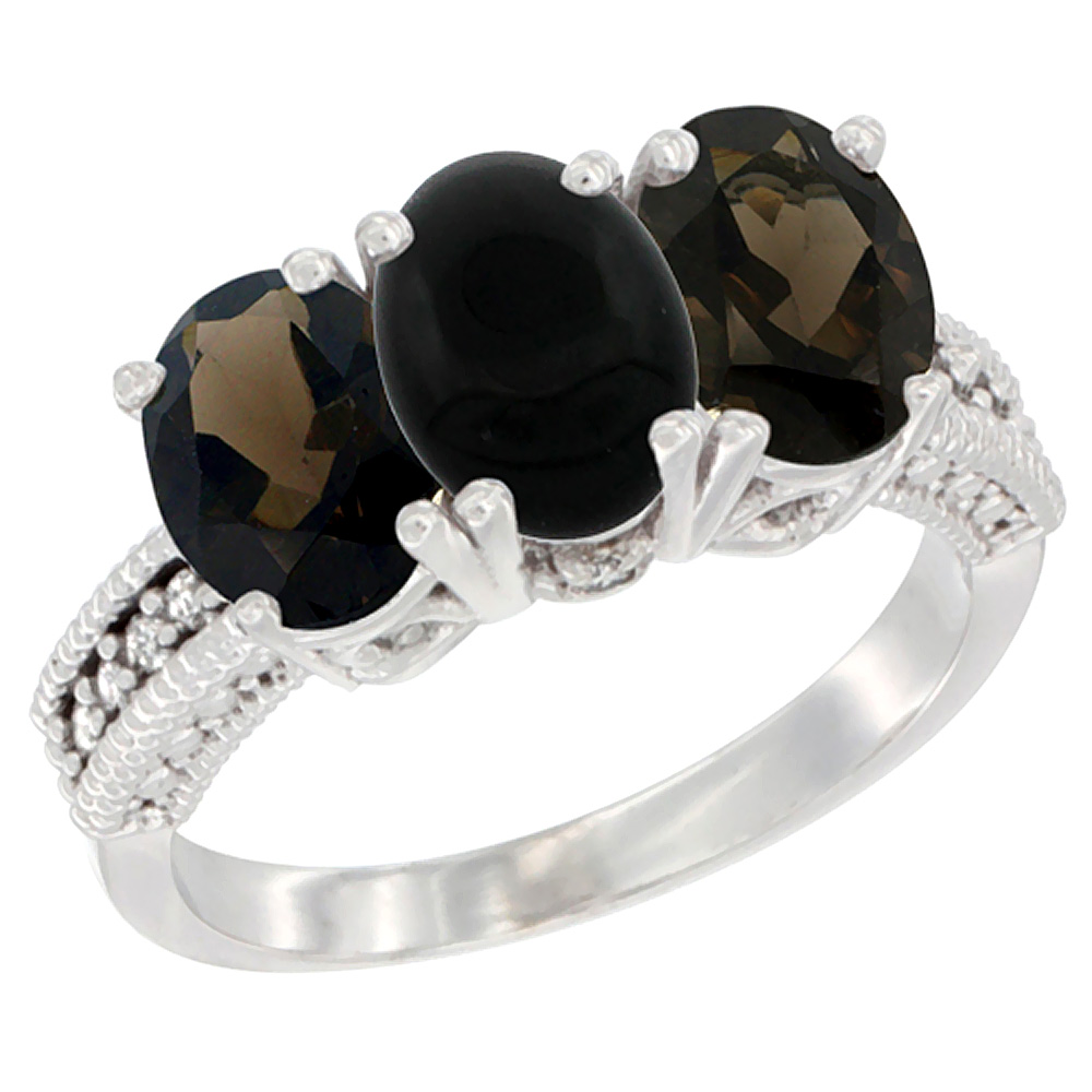 10K White Gold Natural Black Onyx &amp; Smoky Topaz Sides Ring 3-Stone Oval 7x5 mm Diamond Accent, sizes 5 - 10